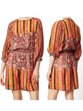 Tanvi Kedia Anthro Sunpass Dress Balloon Sleeve Stripes Paisley Beaded Accent M